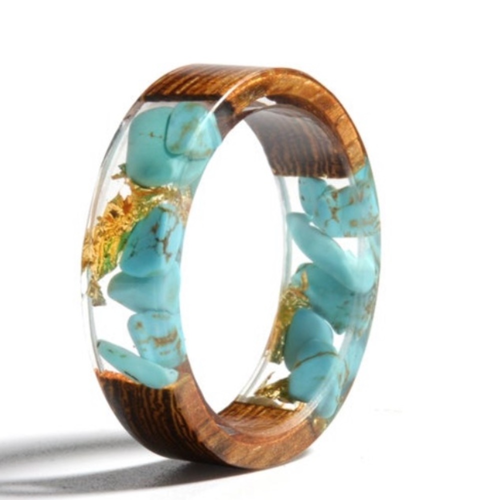 Wood and Resin Ring with Turquoise and Gold Flake